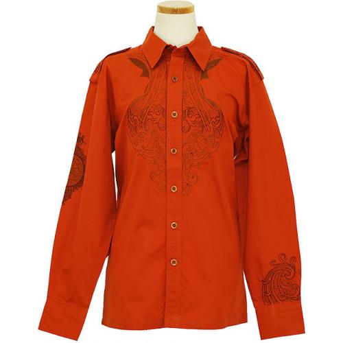 Prestige Rust With Copper Lurex Embroidery 100% Cotton Long Sleeve Casual Shirt COT-152